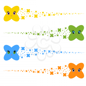 set of flat colored isolated stars of cartoons flying across the sky. Funny cute characters for decoration.