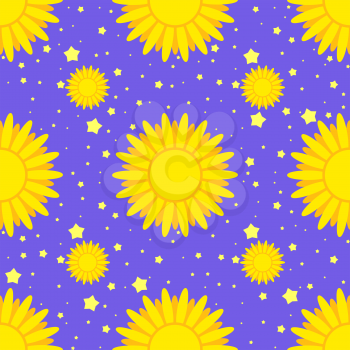 Seamless pattern of yellow suns on a background of stars and a blue sky