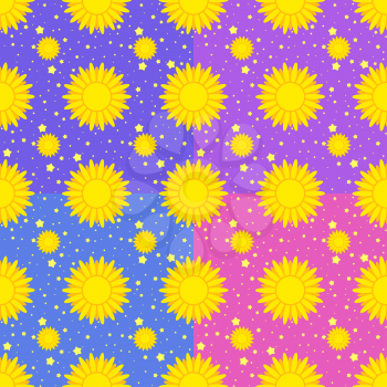 Set of seamless patterns of yellow suns on a background of stars and sky of different colors