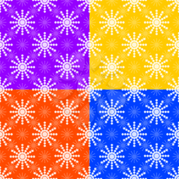 Set of seamless patterns from white snowflakes on purple, yellow, orange, blue background