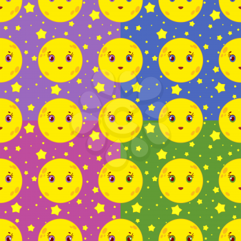 Set of seamless patterns of cartoon smiling moons with stars on a colored background.