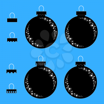 A set of flat black isolated silhouettes of Christmas toys in the form of balls. Simple design for processing.
