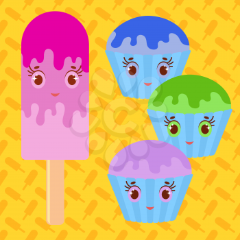 Set of flat colored isolated cartoon cakes drizzled with glaze blue, green, purple. The striped baskets. Pink Popsicle on a wooden stick smiling. Illustration on a yellow background with a pattern of orange silhouettes of ice cream