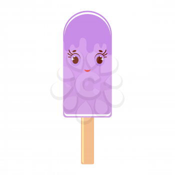 Flat color insulated cartoon Popsicle purple. On a wooden stick. On a white background.