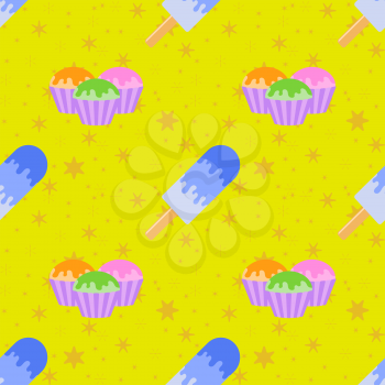 Colored seamless pattern delicious pastries, and blue Popsicle with the glaze. Simple flat illustration on yellow background with orange stars