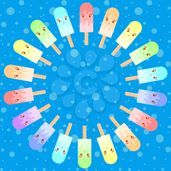 Set of flat colored isolated cartoon ice-cream, drizzled with glaze. On wooden sticks. Appetizing color. a round wreath of food on blue background