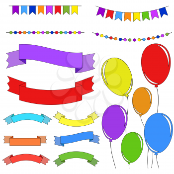 Set of flat colored isolated balloons on ropes. Set of garlands and ribbons of banners