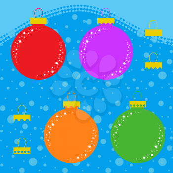 Set of flat colored isolated Christmas tree toys in the form of balls with different mountings. Simple design for decoration. On a blue background.