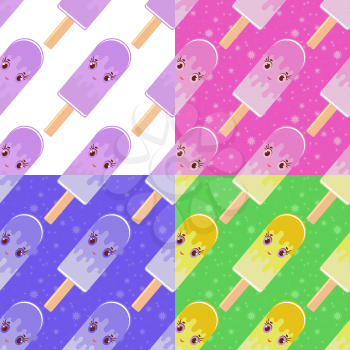 Set of seamless patterns in flat cartoon Popsicles on wooden sticks. Four colors options. White, pink, green, blue background.