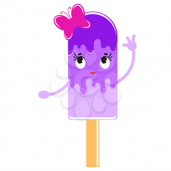 Flat colored isolated striped ice cream glazed with violet. On a wooden stick. With a little pink butterfly. Simple drawing on a white background.