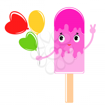 Flat colored isolated striped ice cream sprinkled with a pink glaze. On a wooden stick. With a bunch of bright water balloons in his hand. Simple drawing on a white background.