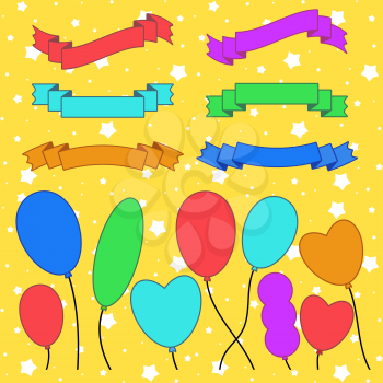 Set of flat colored silhouettes isolated ribbons banners and balloons on a yellow background. Simple flat vector illustration. With place for text. Suitable for infographics, design, advertising, festivals, labels.