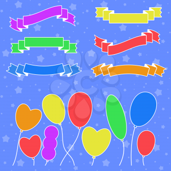 Set of flat colored silhouettes isolated ribbons banners and balloons on a blue background. Simple flat vector illustration. With place for text. Suitable for infographics, design, advertising, festivals, labels.