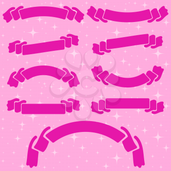 Set of pink romantic isolated ribbons banners on a colored background. Simple flat vector illustration. With space for text. Suitable for infographics, design, advertising, holidays, labels.