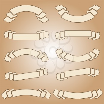 Set of vintage isolated banner ribbons on a light brown background. Simple flat vector illustration. With space for text. Suitable for infographics, design, advertising, holidays, labels.