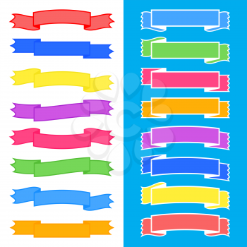 Set of colored insulated ribbons banners with strokes on white and blue background. Simple flat vector illustration. With space for text. Suitable for infographics, design, advertising, holidays, labels.