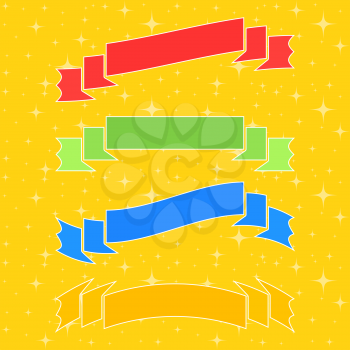 Set of flat isolated colored ribbons and banners on a yellow background. Simple flat vector illustration. With place for text. Suitable for infographics, design, advertising, festivals, labels.