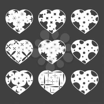 Set of isolated hearts with a white outline on a black background. With abstract pattern. Simple flat vector illustration. Suitable for greeting card, weddings, holidays, sites.