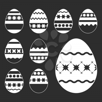 Set of white Easter eggs isolated on a black background. With a pretty abstract pattern. Simple flat vector illustration.