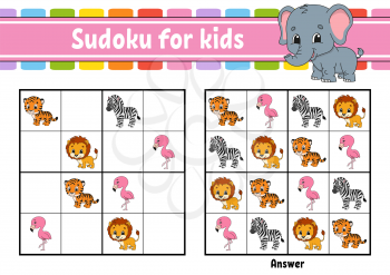 Sudoku for kids. Education developing worksheet. Activity page with pictures. Puzzle game for children. Logical thinking training. Isolated vector illustration. Funny character. Cartoon style.