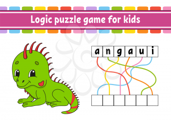 Logic puzzle game. Learning words for kids. Find the hidden name. Education developing worksheet. Activity page for study English. Game for children. Isolated vector illustration. Cartoon style.