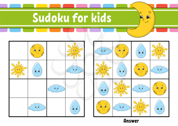 Sudoku for kids. Education developing worksheet. Activity page with pictures. Puzzle game for children. Logical thinking training. Isolated vector illustration. Funny character. Cartoon style.