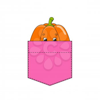 Pumpkin in shirt pocket. Cute character. Colorful vector illustration. Cartoon style. Isolated on white background. Design element. Template for your shirts, books, stickers, cards, posters.