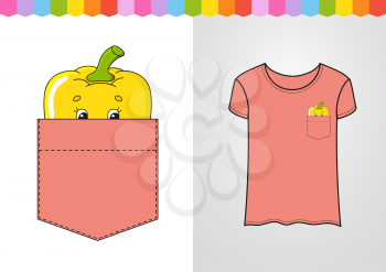Pepper in shirt pocket. Cute character. Colorful vector illustration. Cartoon style. Isolated on white background. Design element. Template for your shirts, books, stickers, cards, posters.