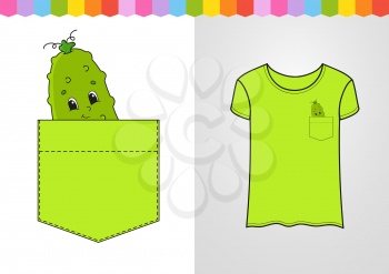 Cucumber in shirt pocket. Cute character. Colorful vector illustration. Cartoon style. Isolated on white background. Design element. Template for your shirts.