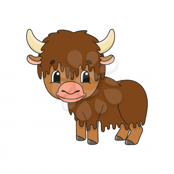 Yak. Cute flat vector illustration in childish cartoon style. Funny character. Isolated on white background.