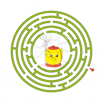 Funny circle maze. Game for kids. Puzzle for children. Cartoon style. Round labyrinth conundrum. Color vector illustration. Find the right path. The development of logical and spatial thinking.