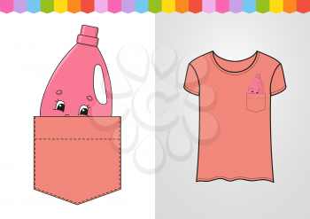 Pink cleanser in shirt pocket. Cute character. Colorful vector illustration. Cartoon style. Isolated on white background. Design element. Template for your shirts, books, stickers, cards, posters.