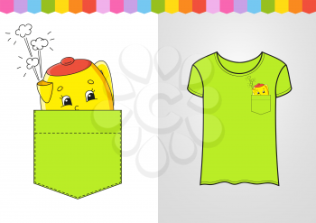 Yellow teapot in shirt pocket. Cute character. Colorful vector illustration. Cartoon style. Isolated on white background. Design element. Template for your shirts, books, stickers, cards, posters.