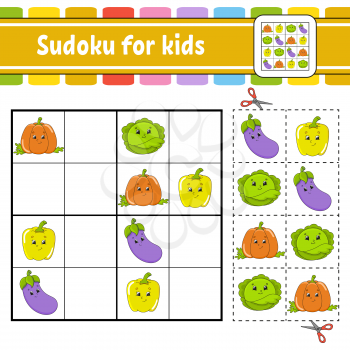 Sudoku for kids. Education developing worksheet. Activity page with pictures. Puzzle game for children. Logical thinking training. Isolated vector illustration. Funny character. Cartoon style