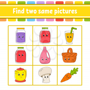 Find two same pictures. Task for kids. Education developing worksheet. Activity page. Game for children. Funny character. Isolated vector illustration. Cartoon style