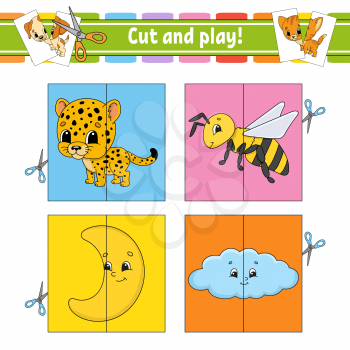 Cut and play. Flash cards. Color puzzle. Education developing worksheet. Activity page. Game for children. Funny character. Isolated vector illustration. Cartoon style