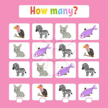 Counting game for children of preschool age. Learning mathematics. How many animals in the picture. With space for answers. Simple flat isolated vector illustration in cute cartoon style