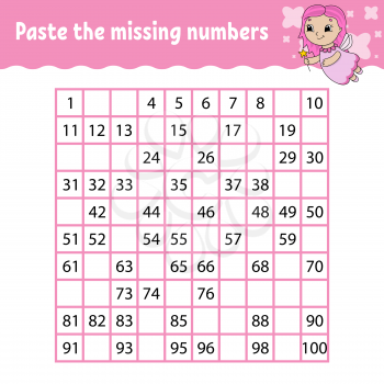 Paste the missing numbers. Handwriting practice. Learning numbers for kids. Education developing worksheet. Activity page. Game for children. Isolated vector illustration in cute cartoon style