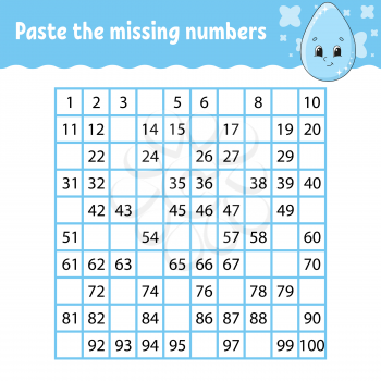 Paste the missing numbers. Handwriting practice. Learning numbers for kids. Education developing worksheet. Activity page. Game for children. Isolated vector illustration in cute cartoon style