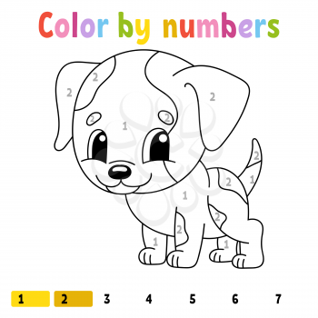 Color by numbers. Coloring book for kids. Cheerful character. Vector illustration. Cute cartoon style. Hand drawn. Fantasy page for children. Isolated on white background