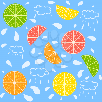 Set of colored isolated apetitic fruit slices on a blue background. Juicy, bright, delicious tropical food. Simple flat vector illustration. Suitable for design of packages, postcards, advertising.