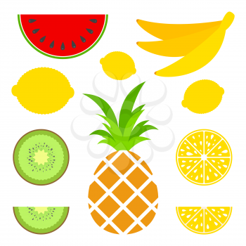A set of colored insulated delicious fruits on a white background. Juicy, bright, delicious tropical food. Lemon, kiwi, banana, pineapple, watermelon. Simple flat vector illustration. Suitable for design of packages, postcards, advertising.