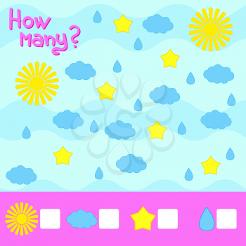 Counting game for preschool children. The study of mathematics. How much. The sun, a cloud, a star, a drop of rain. With a place for answers. Simple flat isolated vector illustration.