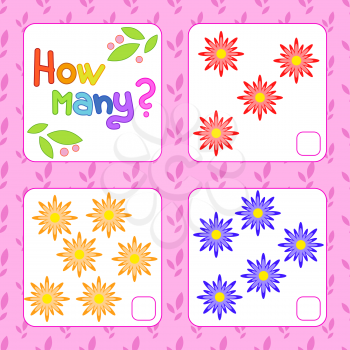 Counting game for preschool children for the development of mathematical abilities. How many flowers. With a place for answers. Simple flat isolated vector illustration.