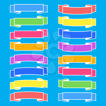 Set of colored isolated banner ribbons on a blue background. Simple flat vector illustration. With space for text. Suitable for infographics, design, advertising, holidays, labels.
