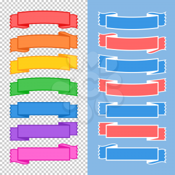 Set of colored isolated banner ribbons on a transparent background. Simple flat vector illustration. With space for text. Suitable for infographics, design, advertising, holidays, labels.