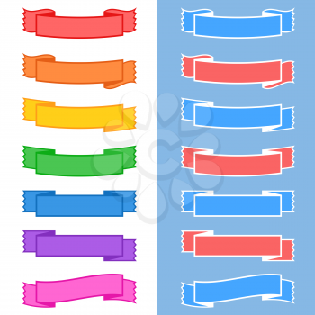 Set of colored isolated banner ribbons on white and blue background. Simple flat vector illustration. With space for text. Suitable for infographics, design, advertising, holidays, labels.