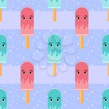Colorful seamless pattern of cute melting ice-cream on a light background. Simple flat vector illustration. For the design of paper wallpapers, fabric, wrapping paper, covers, web sites