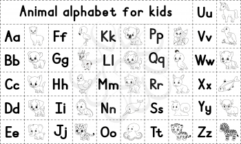 English alphabet with cartoon characters. Coloring page. Vector set. Learn ABC. Lowercase and uppercase letters.
