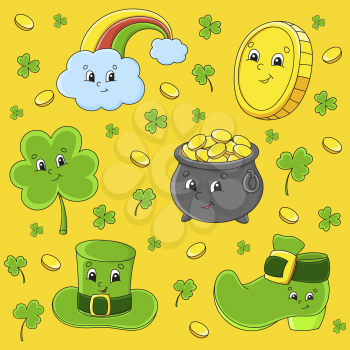 Set of stickers with cute cartoon characters. St. Patrick's Day. Hand drawn. Colorful pack. Vector illustration. Patch badges collection. Label design elements. For daily planner, diary, organizer.